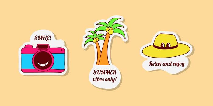 Cartoon style art shows three travel stickers. One has a camera, another shows two palm trees, and the third one is a sunhat. The stickers are colorful and fun. vector