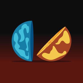 Orange Planet Halves Illustration, Futuristic Space Art with Abstract Design and Warm Color Palette vector