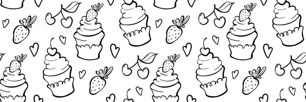 Outline seamless pattern of cupcake with frosting, cherry, strawberry and heart in clean outline. Ideal for bakery branding, wrapping, textile, card, coloring page. doodle illustration. vector