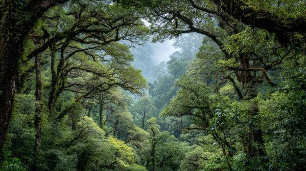 Lush Green Rainforest Canopy With Mist photo