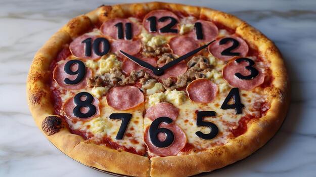 Pizza clock toppings arranged like clock numbers on a circular crust photo