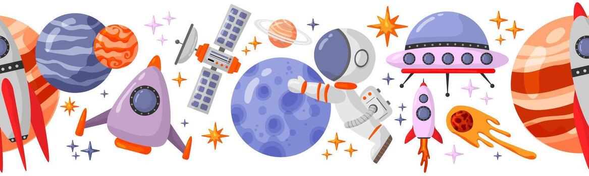 Astronaut and space seamless pattern with space elements. Seamless pattern for design, backgrounds astronaut and space. Planet, comet, galaxy, alienships. vector