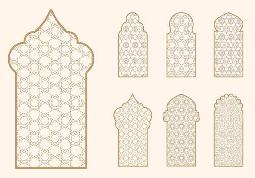 Islamic window shape with mashrabiya pattern. Arabic door frame. Islamic arhitecture elements of window and door and mashrabiya pattern. vector