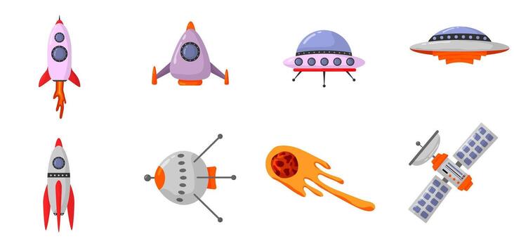 Rocket and alienship elements. Galaxy for design, posters, backgrounds astronaut and space. Planet, comet, galaxy, alienships. vector