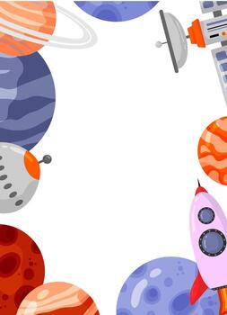 Astronaut and space frame with space elements. Galaxy frame for design, posters, backgrounds astronaut and space. Planet, comet, galaxy, alienships. vector