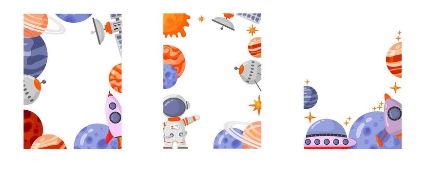 Astronaut and space frame with space elements. Galaxy frame for design, posters, astronaut and space. Planet, comet, galaxy, alienships. vector