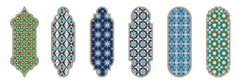 Islamic window shape with color mashrabiya pattern. Arabic door frame. Islamic arhitecture elements of window and door and color mashrabiya pattern. vector