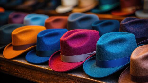 muchos sombreros son forrado arriba en un estante foto