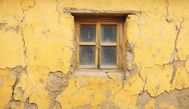 A window in a yellow wall with peeling paint photo