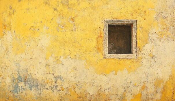 A window on a yellow wall with a wooden frame photo