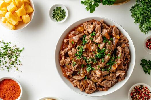 un cuenco de carne y vegetales en un blanco mesa foto