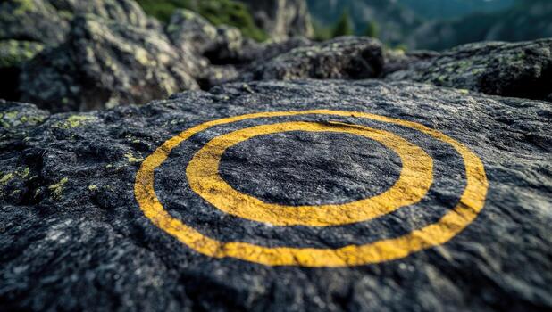 A yellow circle on a rock in the middle of a mountain photo