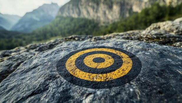 A target painted on a rock in the mountains photo