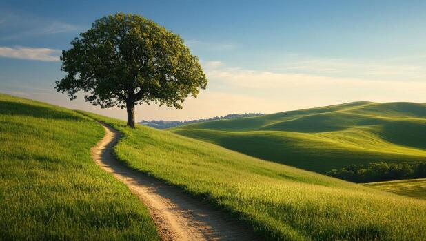 un camino líder a un árbol en un ladera foto