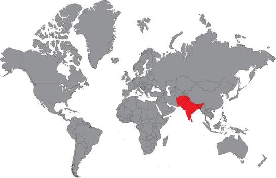 Illustration of South Asia map highlighted in red color on grey world map on white background vector