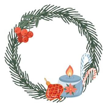 Hand drawn Twig Wreath, Pine Twig Wreath, Candle Twig Wreath Circle Frame, Round Border vector