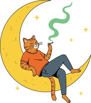 A whimsical scene of a cat on the moon, smoking a cigarette vector