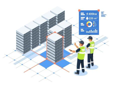 Engineers working in a data center vector