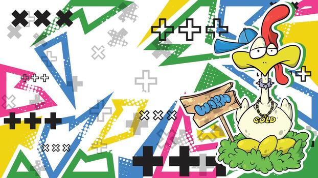 a cartoon chicken with a sign on it in front of a colorful background vector