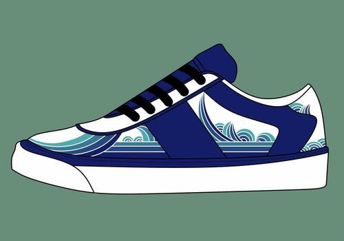 Stylized sneaker design in navy blue and white, featuring sleek ocean wave patterns in teal and cyan. A modern, surf-inspired shoe with bold curves and clean contrast vector