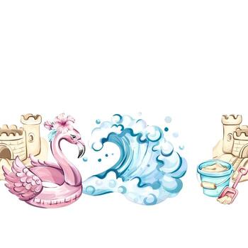 A vibrant seamless pattern featuring a decorative flamingo float, playful beach elements like sandcastles and waves, captures the essence of summer vacations and festive vibes. vector