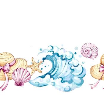 Bright and playful design showcases summer themes with beach hats, swirling waves, seashells, and starfish. Perfect for vacation vibes, creating a vibrant and cheerful ambiance. vector