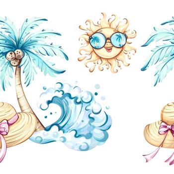 Experience the essence of summer with this lively design showcasing palm trees, a sunny character, beach hats, and playful waves. Ideal for evoking vacation vibes throughout any project. vector