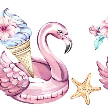 celebrar verano con esta vibrante sin costura modelo lleno con encantador hielo crema conos, alegre flamenco flota, y encantador estrella de mar. Perfecto para creando un festivo fiesta atmósfera. vector