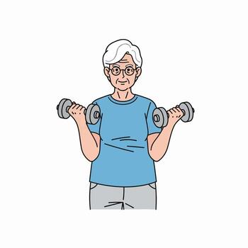 Elderly Woman Performing Bicep Curls With Dumbbells For Strength Training Exercise Routine vector