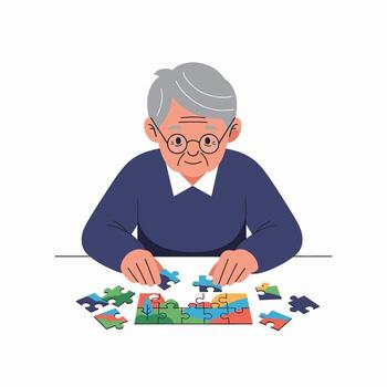 mayor persona disfrutando un desafiante rompecabezas rompecabezas actividad a hogar desarrollando cognitivo habilidades vector