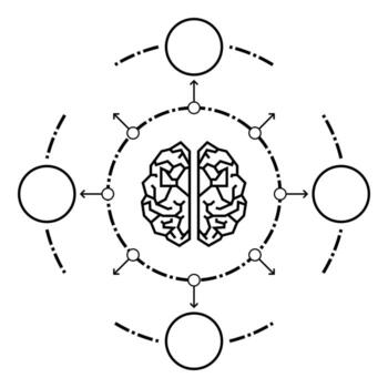 estilizado cerebro diagrama con tecnología nodos y flechas en circular disposición, ideal para ai, neural redes, cognitivo ciencia, datos fluir, o digital innovación temas vector