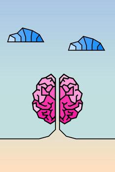 Surreal brain composition with geometric clouds and pastel sky, blending cognition and abstraction, ideal for creative concepts, psychology themes, or editorial design. vector