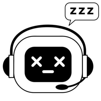 Linear black and white illustration of AI chatbot sleeping with speech bubble saying ZZZ isolated on white background vector