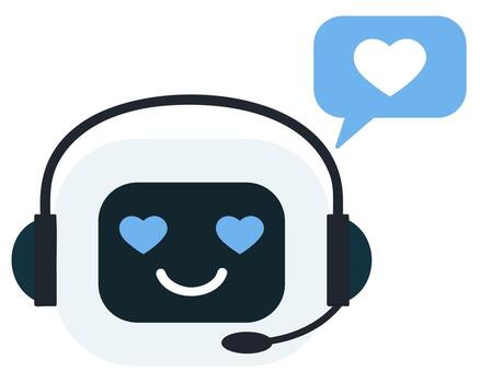 AI robot character smiling with heart shaped eyes and a speech bubble containing a heart symbol vector