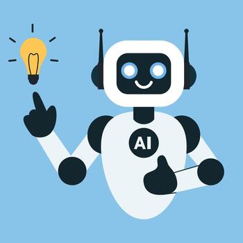 Friendly AI robot with a bright idea holding a glowing light bulb vector