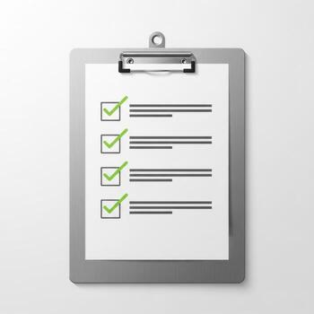 Clipboard checklist with green checkmarks and lines for tasks completed ready for use isolated on white background photo