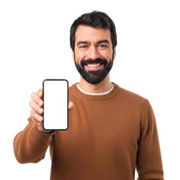 Smiling bearded man holding a smartphone with a blank screen towards the camera isolated on white background photo