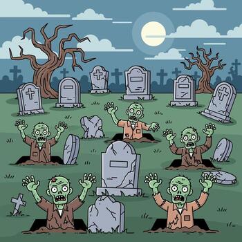 Cartoon Zombies Emerging from Graves Under a Full Moon in a Spooky Graveyard Setting vector