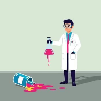 A clumsy cartoon scientist character in a lab coat looking at a chemical spill from a fallen beaker during a failed experiment vector