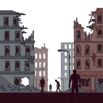Illustration of a devastated city with crumbling buildings and shadowy figures walking through the wreckage, symbolizing urban decay and the aftermath of societal collapse vector