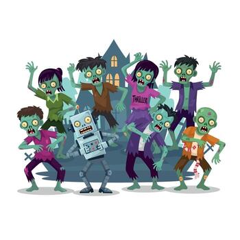 Cartoon Zombies and a Robot Zombie with a Spooky Haunted House Background vector
