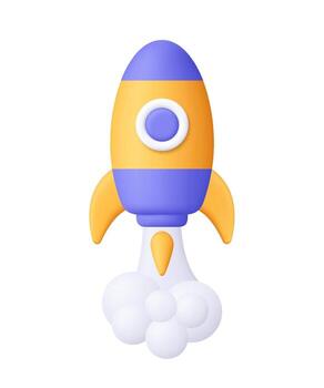 Purple and yellow rocket spaceship launching with smoke clouds. Startup, innovation, space, success, growth, business launch and technology. 3d icon. Cartoon minimal style. vector
