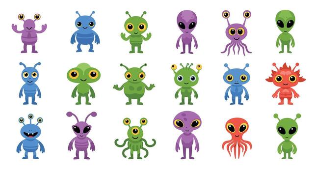 A Collection of Diverse and Colorful Cartoon Aliens with Various Features vector