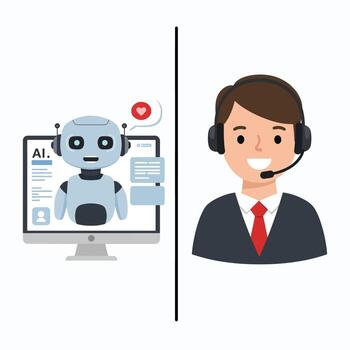 AI chatbot on computer screen versus human customer service representative with headset. vector