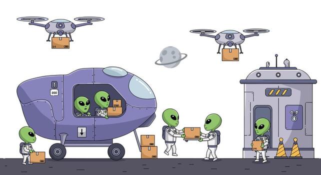 Aliens and Drones Delivering Packages with Futuristic Spaceship and Building. vector