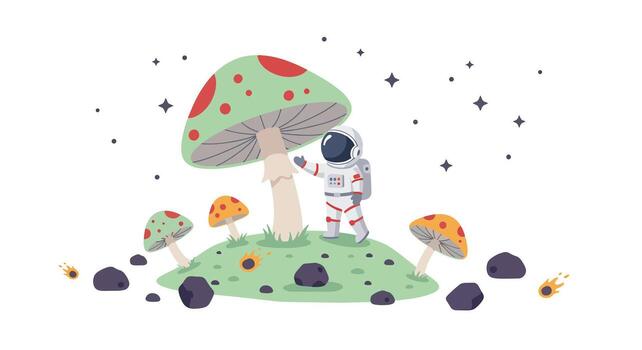 Astronaut exploring a whimsical mushroom landscape in outer space. vector