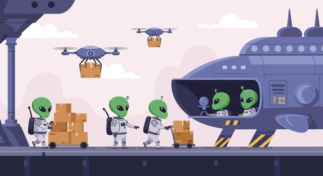 Cartoon aliens in spacesuits delivering packages with drones and a spaceship. vector