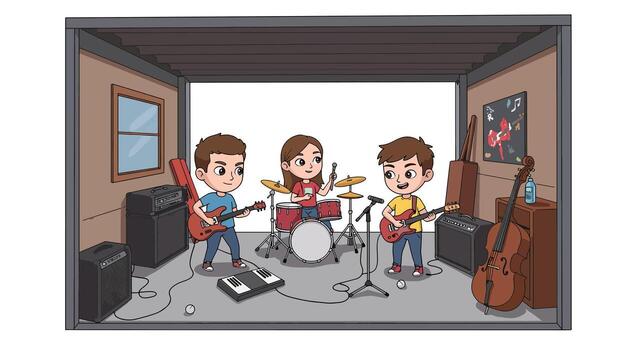 Cartoon band practicing in a garage with instruments and amplifiers. vector