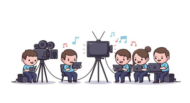Cartoon crew operating camera and directing broadcast with musical notes. vector