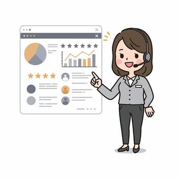 Cartoon woman in headset pointing at a digital dashboard with charts and graphs. vector
